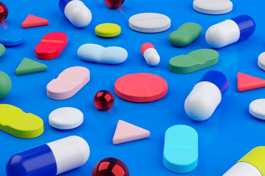 A background filled with various medical pills and health capsules.