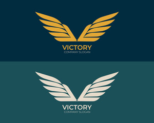 Set abstract gold and silver luxury wing logo on the dark-blue and dark-violet background. Creative idea logos designs. Symbol and Icon vector template. - obrazy, fototapety, plakaty