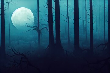Obraz premium Dark, foggy, mysterious forest. Full moon on the sky. Halloween backdrop.