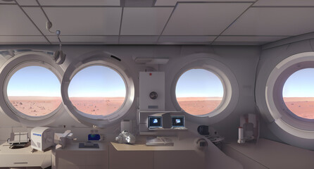 habitat on planet Mars, research station room looking out to the martian landscape