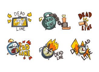 Deadline and Time Limit Labels with Burning Clock, Leg with Chain and Heavy Kettlebell and Lightning Vector Set