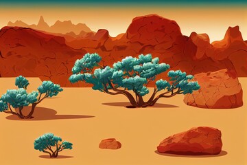 Desert rock cartoon 2d set, stone canyon landscape illustration, red Mexico arch boulder dry cliff. Game nature environment design element, brown drought cracked mountain. Western land desert rock