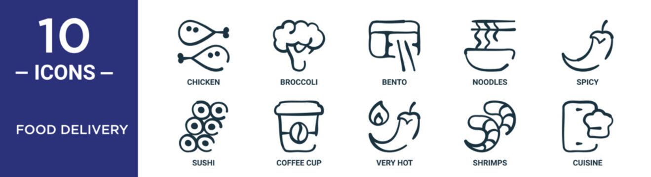 Food Delivery Outline Icon Set Includes Thin Line Chicken, Broccoli, Bento, Noodles, Spicy, Sushi, Coffee Cup Icons For Report, Presentation, Diagram, Web Design