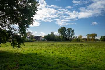 Landscape photography: a field and the houses. A sunny bright day. 