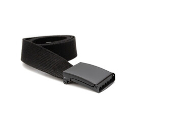 Black tactical belt with military buckle. Isolated on white background.