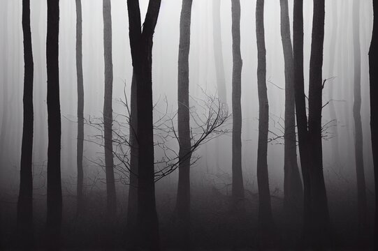 A monochrome shot of a fogy spooky forest with sunlight silhouetting the tree trunks and branches