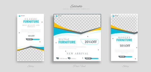 bundle set of furniture sale social media post and story web banner design template for ads promotion vector.