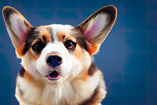 Profile Portrait Of Funny Welsh Corgi Pembroke Or Cardigan With Open Mouth And Surprised Or Shocked Face Expression On Blue Background, Copy Space. Dog Sees Something Impressive