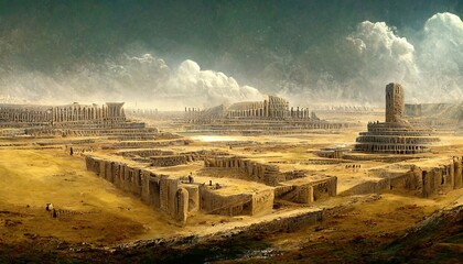 Ancient Sumerian city of Eridu, early city in southern Mesopotamia, close to the Persian Gulf near the mouth of the Euphrates River, illustration - obrazy, fototapety, plakaty