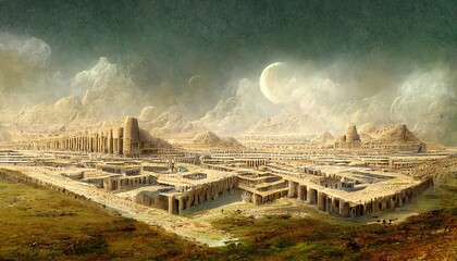 Ancient Sumerian city of Eridu, early city in southern Mesopotamia, close to the Persian Gulf near the mouth of the Euphrates River, illustration