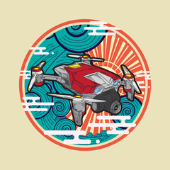 drone illustration design with japanese style background and  logo
