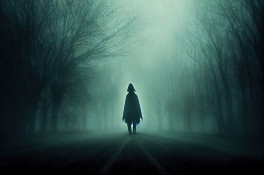 Ghost on the scary road in the paranormal world. Horrible dream. Strange forest in a fog. Mystical atmosphere. Dark wood. Mysterious road. Gothic witch. Background wallpaper. Gloomy times.