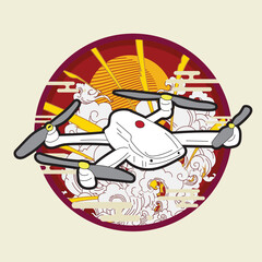 drone illustration design with japanese style background and  logo
