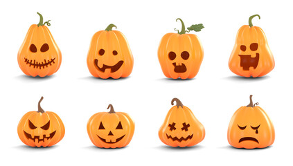 Collection of 8 spooky cartoon 3D rendering Halloween Pumpkins (Jack O'Lantern) with a scary evil smile carved face on a transparent background. Pumpkins come in various shapes with yellow color.