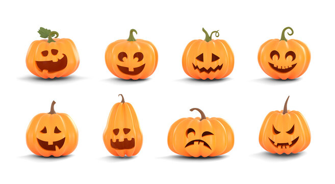 Collection of 8 spooky cartoon 3D rendering Halloween Pumpkins (Jack O'Lantern) with a scary evil smile carved face on a transparent background. Pumpkins come in various shapes with yellow color.