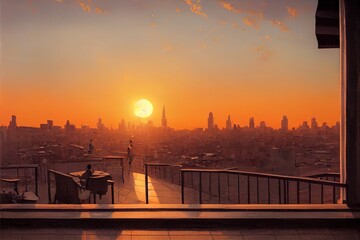 Rooftop balcony with cityscape at sunset