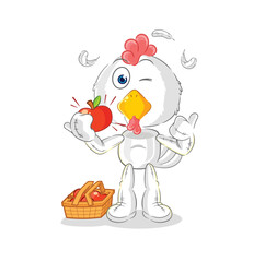 chicken eating an apple illustration. character vector