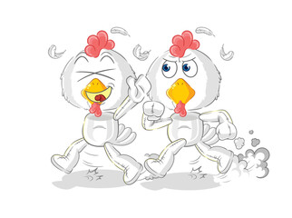 chicken play chase cartoon. cartoon mascot vector