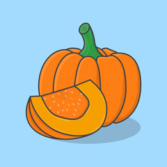 Fresh Pumpkin Cartoon Vector Illustration. Slice And Whole Of Pumpkin Flat Icon Outline