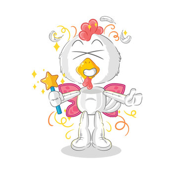chicken fairy with wings and stick. cartoon mascot vector