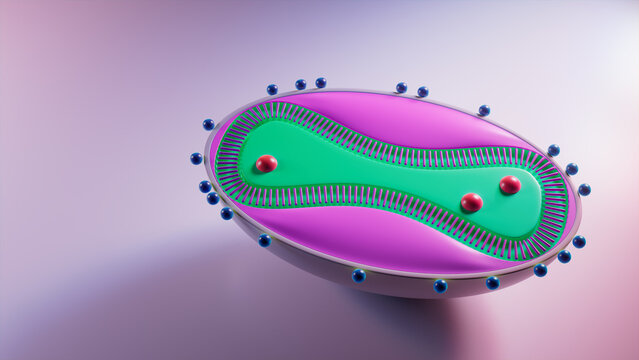 Monkeypox Virus Visualization with 3D Cell Structure. 3D Render with Copy-Space.