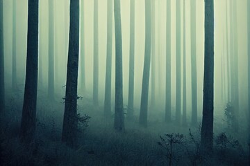 Naklejka premium The pine forest in the valley in the morning is very foggy, the atmosphere looks scary. Dark tone and vintage image.