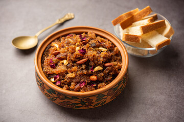 bread halwa also called halva, sheera, pudding or suji is an instant sweet dish from India