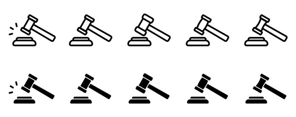 Conjunto de icono de martillo de justicia. Mazo de juez. Concepto de ley y justicia. Tribunal de la corte. Ilustración vectorial