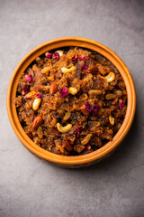 bread halwa also called halva, sheera, pudding or suji is an instant sweet dish from India