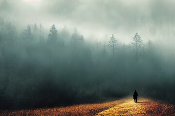 man walking in a foggy autumn landscape