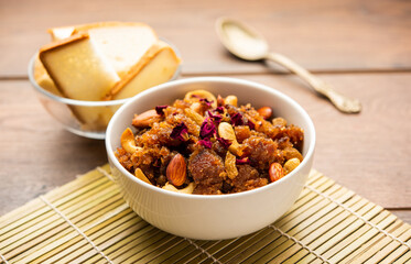 bread halwa also called halva, sheera, pudding or suji is an instant sweet dish from India