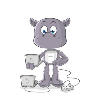 hippopotamus with laptop mascot. cartoon vector