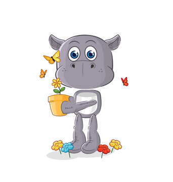 hippopotamus with a flower pot. character vector