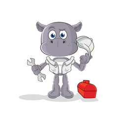hippopotamus mechanic cartoon. cartoon mascot vector