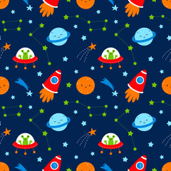 Seamless pattern for sewing baby clothing and printing on fabric. Space adventure. Rocket, planet and ufo. Printing on fabric and wrapping paper Wallpaper in nursery.