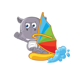 hippopotamus windsurfing character. mascot vector