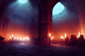 Scary endless medieval catacombs with torches. Mystical nightmare concept. 3D Rendering.