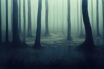 Empty, misty swamp in the moody forest with copy space - obrazy, fototapety, plakaty