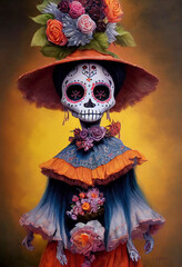 Cute Catrina doll draw. Catrina doll in a cartoon style. Catrina with flowers illustration. Mexican skull illustration