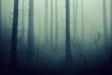Obraz premium Dark forest at the night. Mysterious and scary atmosphere. Forest with creepy trees.