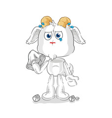 mountain goat cry with a tissue. cartoon mascot vector
