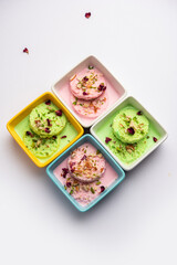 Bread Rasmalai, tweaked version of Ras malai using bread slices in Rose and pistachio flavours