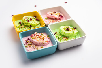 Bread Rasmalai, tweaked version of Ras malai using bread slices in Rose and pistachio flavours