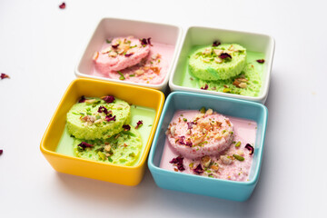 Bread Rasmalai, tweaked version of Ras malai using bread slices in Rose and pistachio flavours