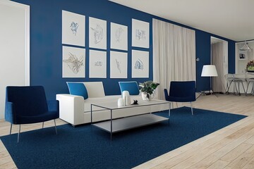 loft and vintage interior of living room, Blue armchairs on white flooring and blue wall ,3d rendering