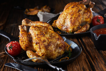 Roasted chickens with tomatoes on skillets