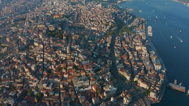 European part of Istanbul from above top down. Galata tower, Taksim square, old historical buildings, downtown, narrow streets, popular landmark