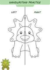 Draw and color a triceratops dinosaur. Handwriting practice sheet for both hands, kids preschool activity, development children game, left and right hemispheres of the brain © Anna