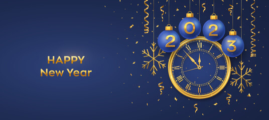 Happy New Year 2023. Hanging Blue Christmas bauble balls with realistic gold 3d numbers 2023 and snowflakes. Watch with Roman numeral and countdown midnight, eve for New Year. Merry Christmas. Vector.