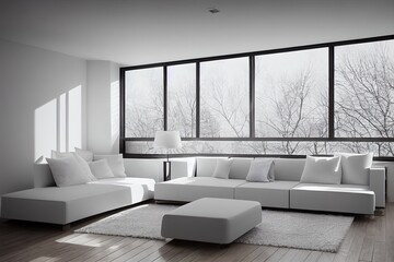White minimalist living room interior with sofa on a wooden floor, decor on a large wall, white landscape in window. Home nordic interior. 3D illustration